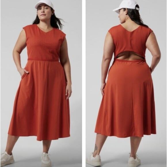 Athleta Long Brick Terra Cotta Dress Back Cut Out 3X Flowy Comfortable Athletic - Picture 1 of 12